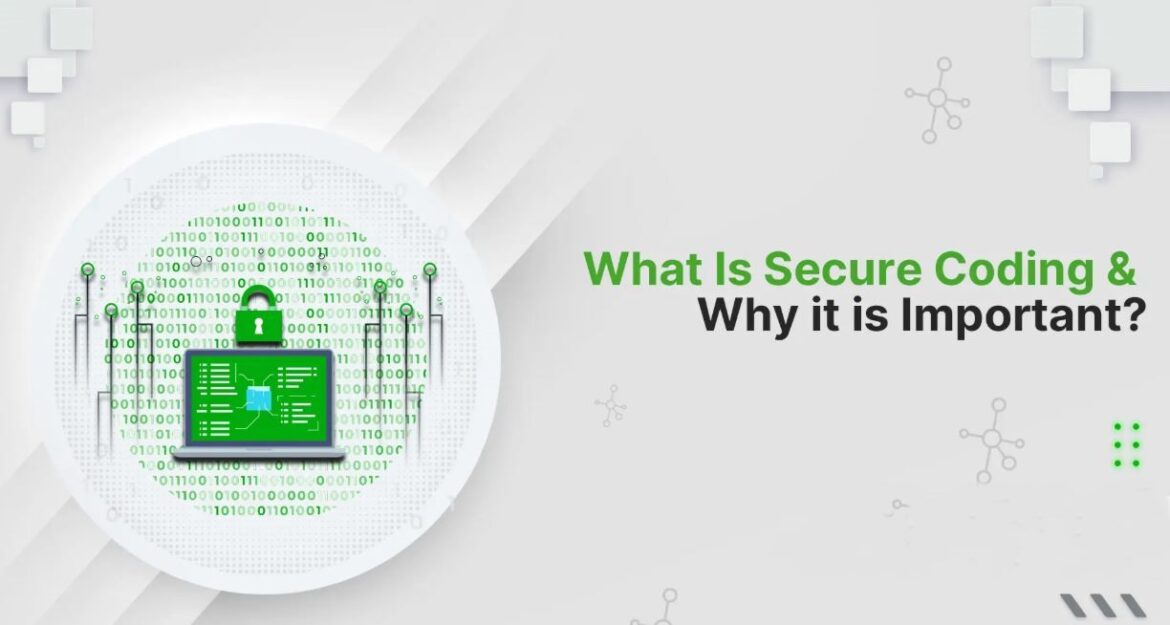 Illustration explaining secure coding concepts with code symbols, security icons, and data protection elements