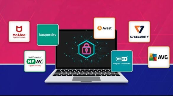 Illustration showing a laptop protected by antivirus software with popular security brand logos