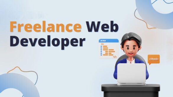 Illustration of a freelance web developer working on a laptop with coding and web development elements