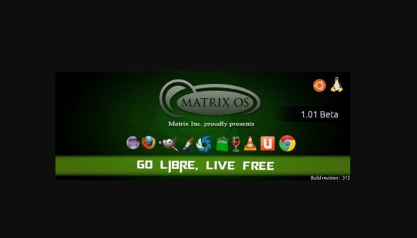 Matrix OS desktop interface showing a Linux-based operating system with application icons and system branding