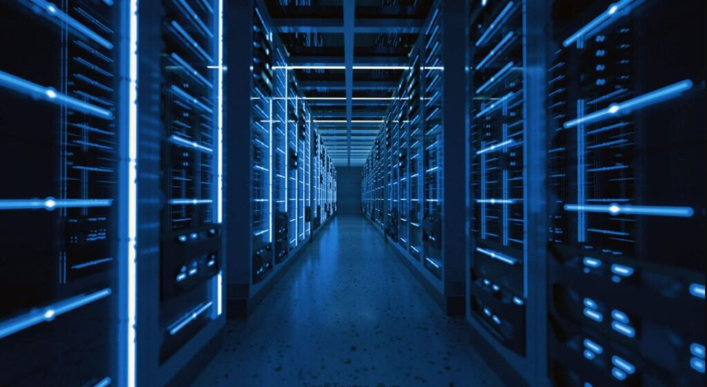 Data center corridor representing a Matrix server infrastructure for decentralized communication
