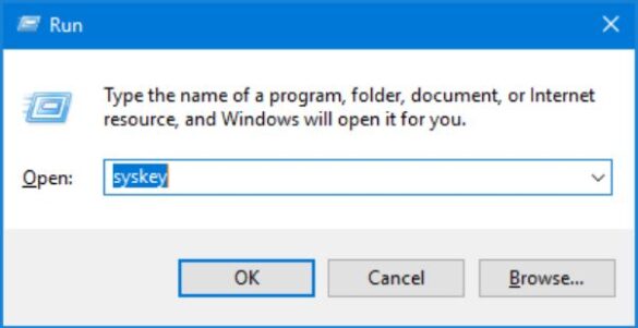 Windows Run dialog showing the Syskey command used for system security configuration