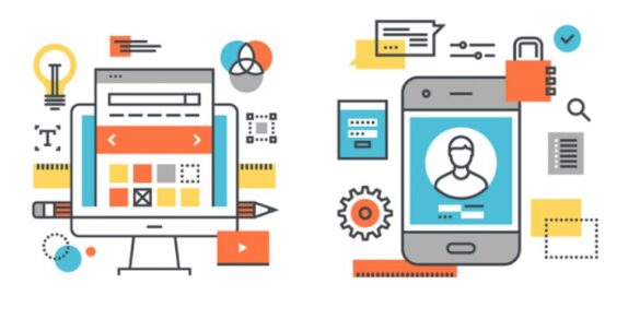 Illustration showing web components and reusable UI elements across desktop and mobile interfaces