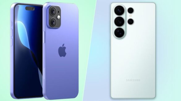 Side-by-side image showing iPhone 17 and Samsung Galaxy S26 design concepts with rear camera layouts