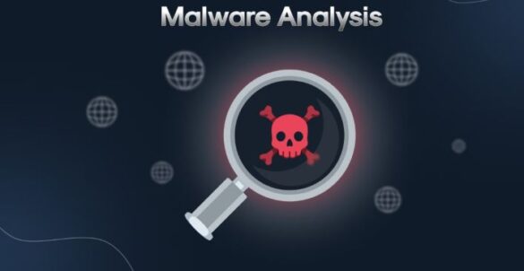 Illustration showing malware analysis concept with a magnifying glass inspecting malicious code