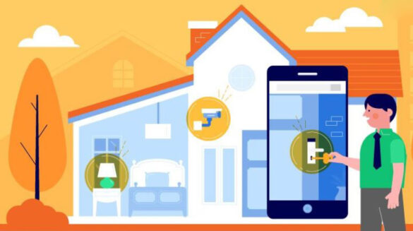 Illustration showing smart home control via smartphone with connected home automation devices