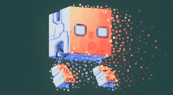 AI fairness metrics concept illustrated with a robotic figure dissolving into digital data points