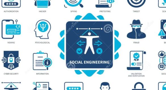 Social engineering concept illustration with human figure, security icons, and digital threat symbols