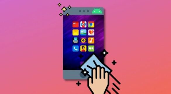 Hand wiping a smartphone screen with app icons to represent secure phone data removal