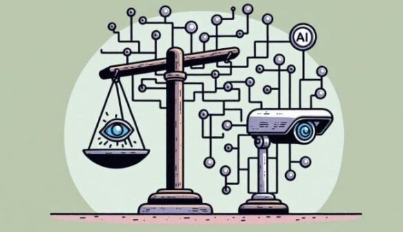 Ethical AI surveillance concept illustrated with balance scales, security camera, and artificial intelligence symbols