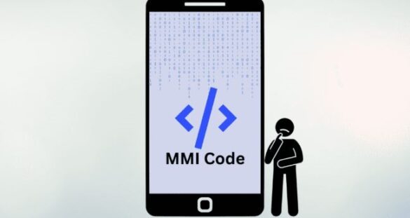 Smartphone displaying MMI code with a user figure thinking beside the screen