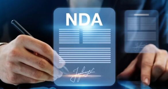 Business professional signing a digital NDA document on a transparent screen